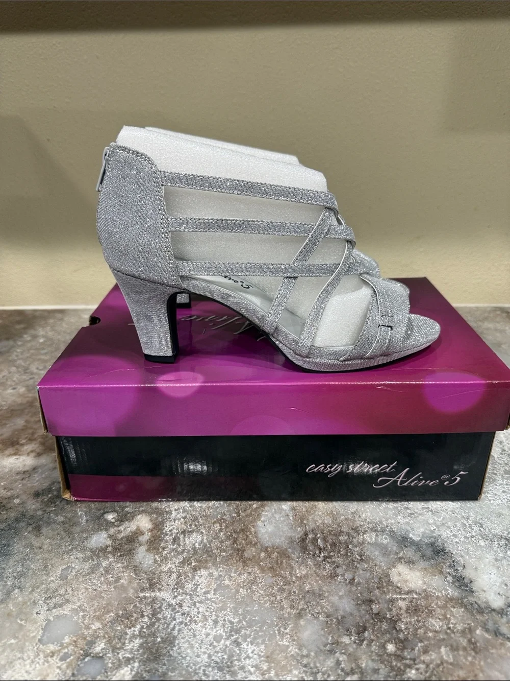 easy street Silver Glitter Strappy Open-Toe Heels